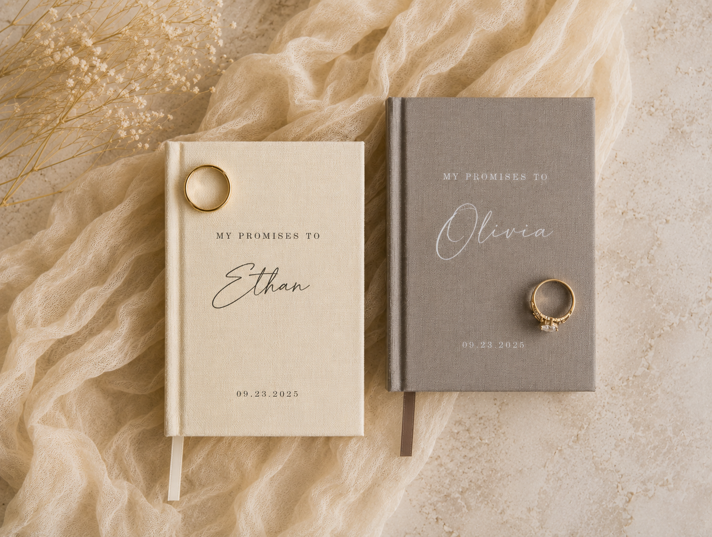 His and hers linen vow books on cream silk